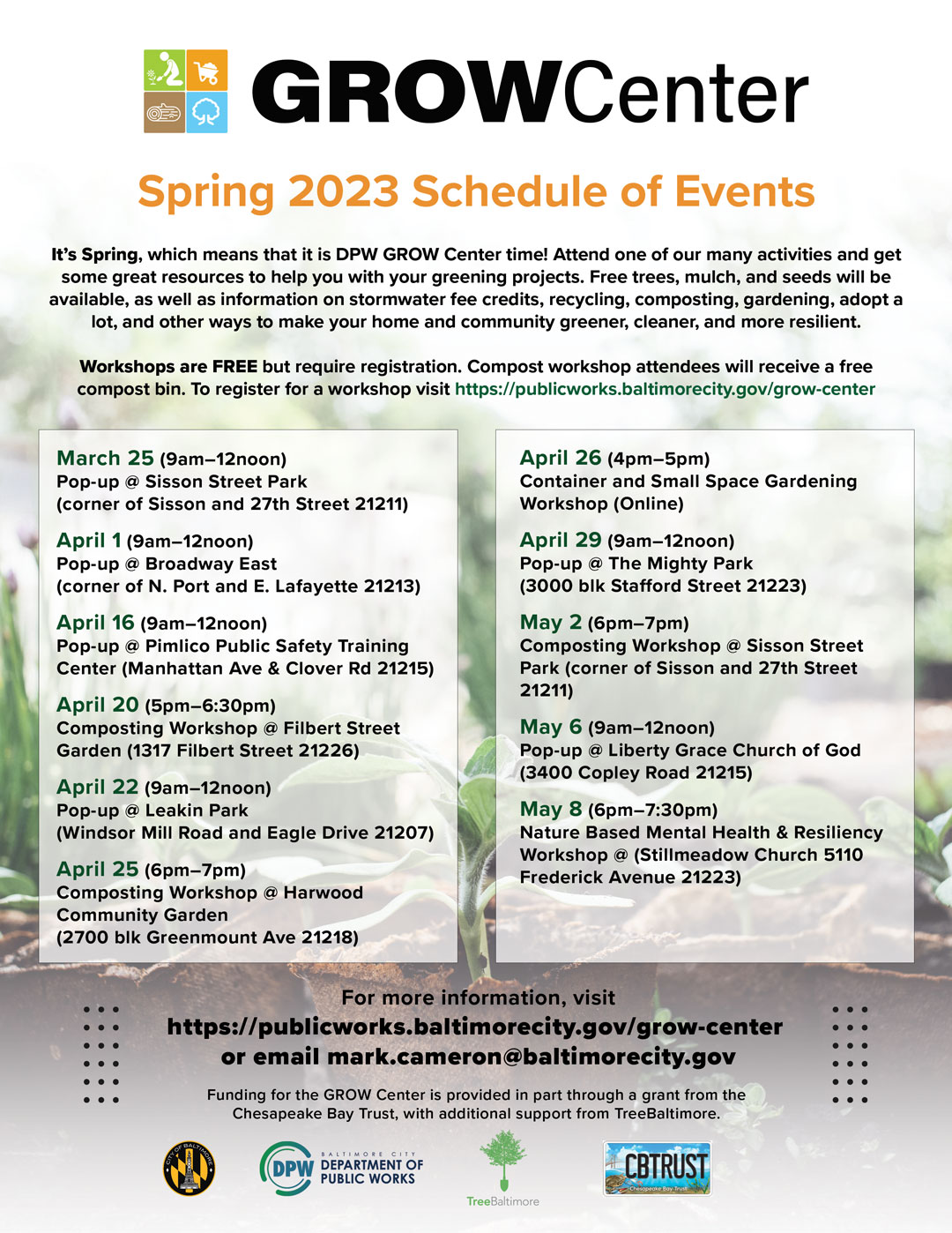 Grow Center Spring Schedule of Events 2023