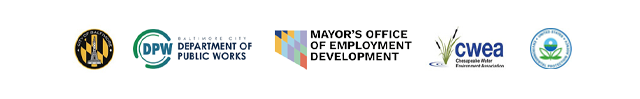 logo for Baltimore City Mayor’s Office of Employment Development (MOED) and Department of Public Works (DPW) and Chesapeake Water Environment Association (CWEA). .