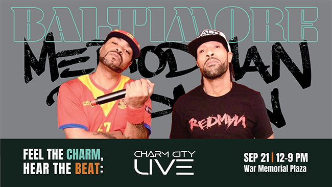 Charm City Live graphic. Two people with text below it. Text "feel the charm, hear the beat" "Charm City Live" "Sept 21, 12 - 9 War Memorial Plaza"