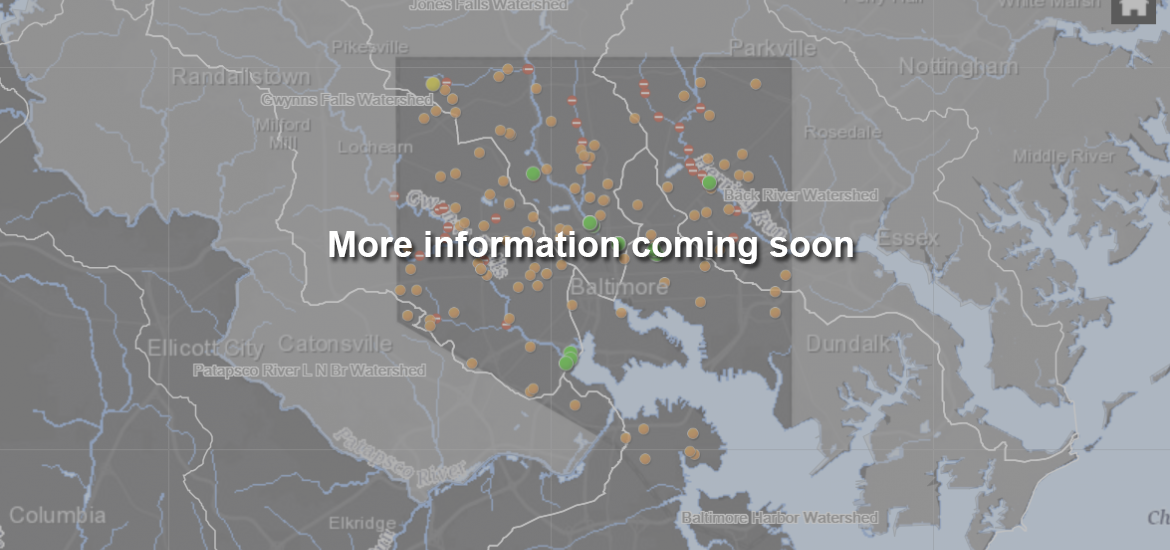 Picture of map of Maryland, Baltimore city centered with gray overlay and text 'more information coming soon'