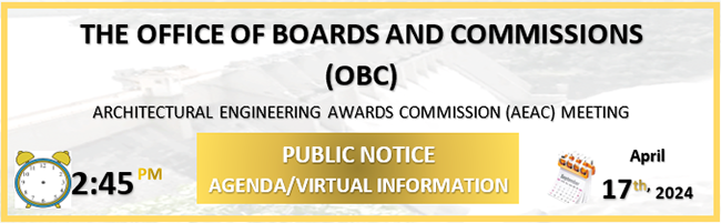 The Office of Boards & Commissions Architectural Engineering Awards Commission (AEAC) meeting will occur on 04/17/24 at 2:45 PM.  Click image for more information.