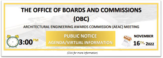 Office of Boards and Commissions AEAC meeting info.  11/16/22 at 3:00 PM.  Click banner for more information