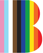 Logo for Mayor's Office on LGBTQ Affairs.  A capital B in rainbow colors.