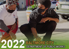 Photo of the Inner Harbor area with text Baltimore City Department of Public Works 2021